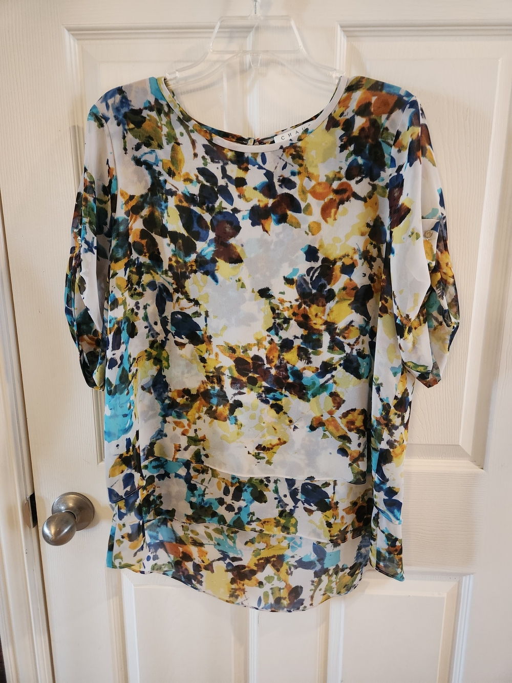 Chaus Multicolor Watercolor Floral Blouse - Blue, Yellow, Brown, Green, White